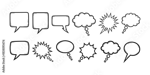 Set of various doodle speech and thought comic bubbles vector illustration