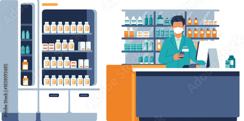 Modern pharmacy counter illustration, pharmacist at work, drugstore interior, medication shelves, pharmacy staff, healthcare retail, flat vector design
