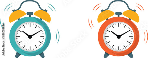 Ringing alarm clocks, teal and orange vintage clock icons, wake-up alert concept, flat design illustration, cartoon time reminder