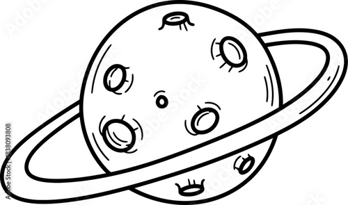 Hand drawn illustration of a ringed planet with craters