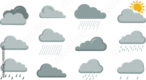 Weather cloud icon set, overcast clouds, rainy clouds, storm clouds, sun behind cloud, grey cloud illustrations, forecast symbols
