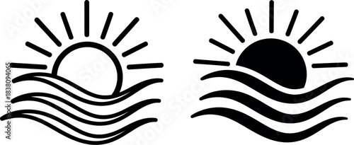 Two stylized sunsets over wavy ocean line art icons