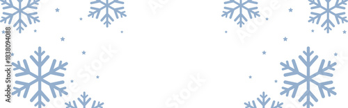 Frosty winter border with pale blue geometric snowflakes and scattered stars framing wide white copy space, perfect for Christmas greetings, seasonal invitations, web banners, and festive holiday prom