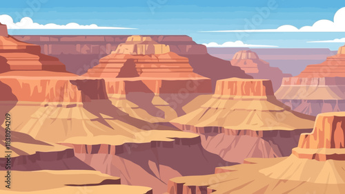 Majestic Canyon Vista: The awe-inspiring panorama of a vast canyon stretches endlessly, with layers of sandstone cliffs, bathed in warm sunlight, against a vibrant blue sky.
