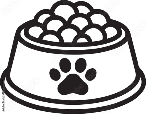 A stylized line-art rendering depicts a bowl overflowing with pet food, adorned with a paw print, a symbol of care and provision.