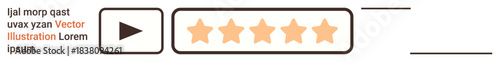 Customer satisfaction, online reviews, feedback forms, star ratings, user interface, digital evaluations. Icon with a play button, five stars and placeholder text. Customer satisfaction and online