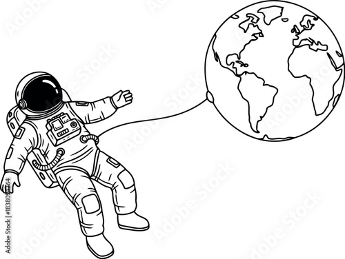 Astronaut floating in space tethered to planet earth