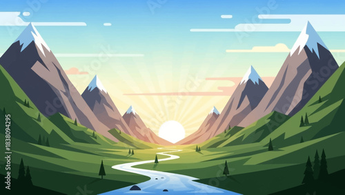 Majestic Mountain Sunrise: a breathtaking landscape painting of the sun rising between snow-capped mountain peaks over a lush green valley with winding river