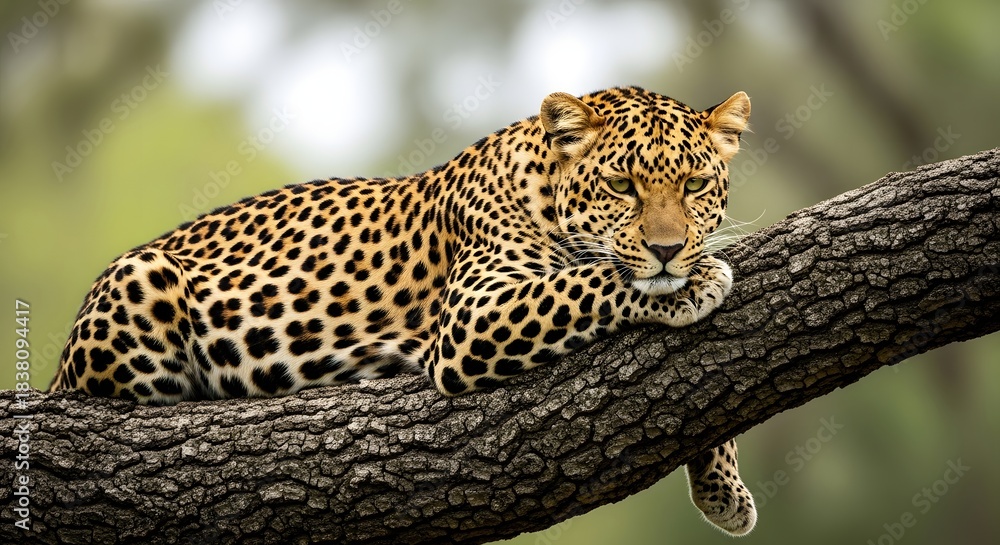 Obraz premium Leopard resting on a thick tree branch in the wild with a blurred background