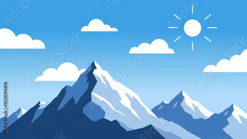 Mountain Serenity: A graphic illustration showcasing majestic mountain peaks, reaching towards a clear blue sky adorned with fluffy clouds and a radiant sun, inspiring a sense of tranquility and awe.