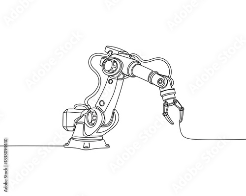 Continuous line drawing of an industrial robotic arm isolated on a white background vector