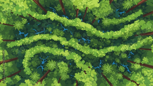 Aerial Canopy Harmony: An enchanting, verdant tapestry unfolds in an aerial view of a vibrant forest, where the leaves and winding waterway create a mesmerizing display of nature's design.