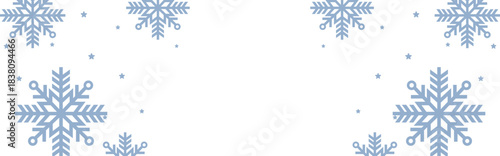 Frosty winter border with pale blue geometric snowflakes and scattered stars framing wide white copy space, perfect for Christmas greetings, seasonal invitations, web banners, and festive holiday prom