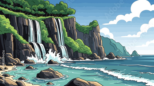 Coastal Serenity: Waterfalls cascade dramatically down the verdant cliffs into the tranquil sea, creating a stunning coastal scene that embodies the peace of nature.