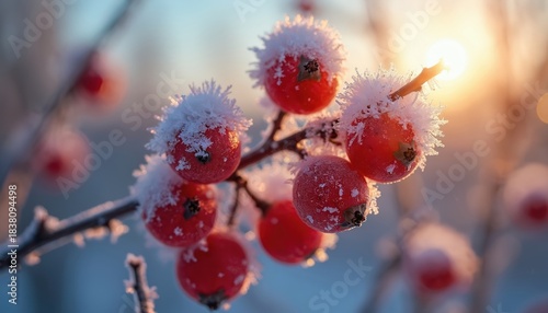 Close-up of frosted rosehips on branch against blue sky. Red berries covered in ice crystals represent winters bounty and vitamin C richness. Illustration showcases nature beauty during cold season.
