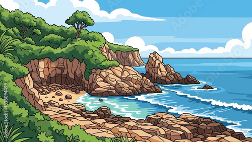 Coastal Beauty: A picturesque coastal landscape unfolds, where the rugged beauty of rocky cliffs meets the boundless expanse of the ocean under a clear, vibrant sky. 