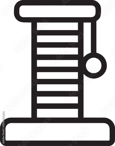 A simple and stylish line art illustration of a cat scratching post, designed to entice feline friends with its textured surface and playful dangling ball.