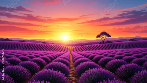 Vibrant sunset over a vast field of purple lavender flowers with a solitary tree.