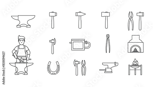 Blacksmith vector tools and equipment outline icons set industry work