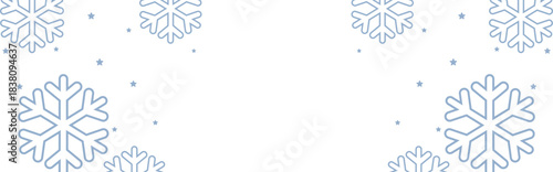 Frosty winter border with pale blue geometric snowflakes and scattered stars framing wide white copy space, perfect for Christmas greetings, seasonal invitations, web banners, and festive holiday prom