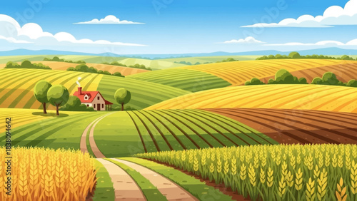 Idyllic cartoon landscape with rolling green and golden fields, a winding dirt path, and a charming farmhouse under a blue sky with white clouds.