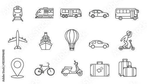 Transportation outline icons set includes various vehicle and travel symbols vector