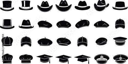 Set of Diverse Hat and Headwear Silhouettes Vector Collection, Black Monochrome Icons of Top Hats, Cowboy, Beret, Chef, and Graduation Caps for Design Projects.