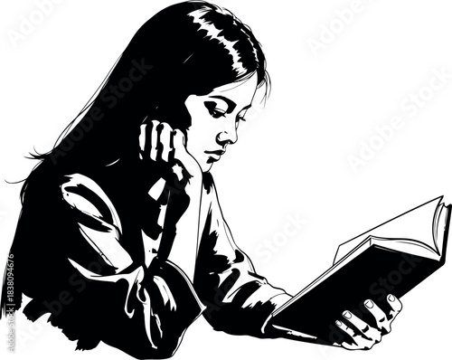 Young girl deeply engrossed reading an open book