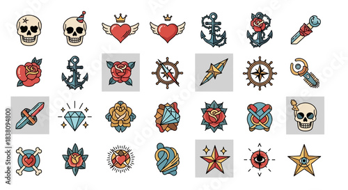 Collection of vintage-inspired tattoo designs featuring traditional symbols and elements