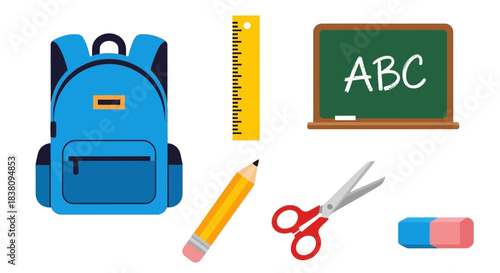 Colorful school supplies composition featuring backpack blackboard ruler pencil scissors eraser