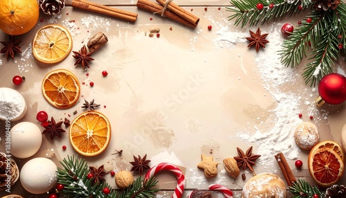 Gathering of holiday ingredients with festive decorations including fruits and spices on a table