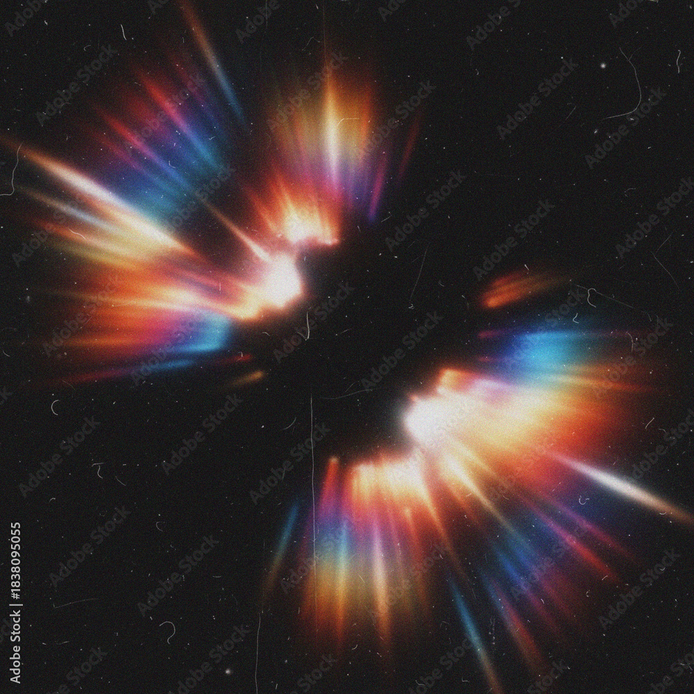 Obraz premium Light leak overlay effect with blur colorful light leaks and retro noisy film texture, black background. Music album cover design overlay