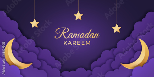 Ramadan Kareem vector banner with golden crescent moons, hanging stars and night sky clouds in paper cut style 