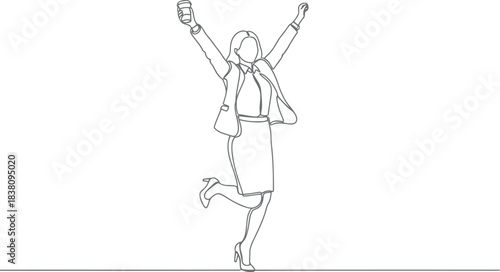 Woman in business attire celebrating with arms raised high