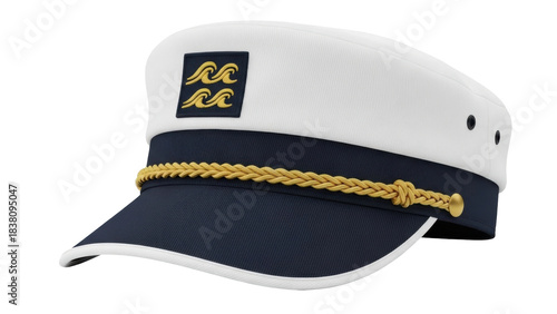Tableau sur toile Isolated navy-blue captain's hat with gold rope trim, nautical apparel for boati