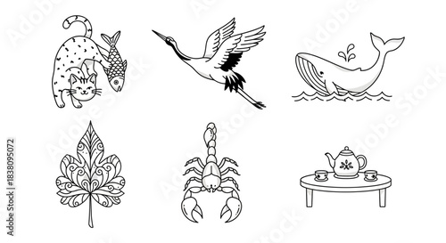 Collection of outlined diverse icons showcasing various themes in a single frame