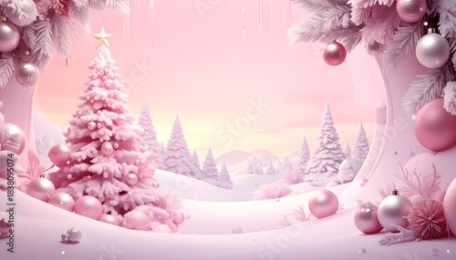 Winter scene with a pink tree and ornaments in a snowy landscape during sunset