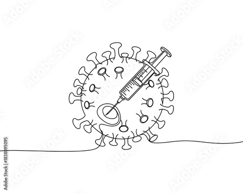 Continuous line vector drawing of a covid-19 virus with a vaccine syringe