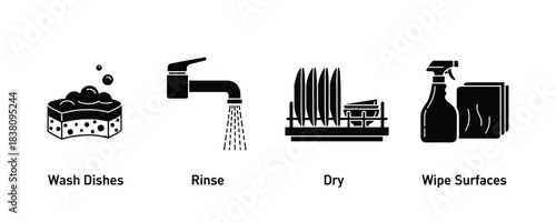 Four monochrome vector icons showing dishwashing process wash rinse dry wipe