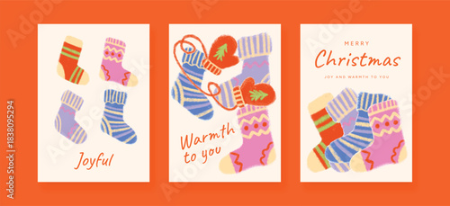 Childlike cosy Christmas socks and mittens in soft pastel colours, playful festive winter set. Cute warm knitted elements for greeting cards, posters and holiday design.