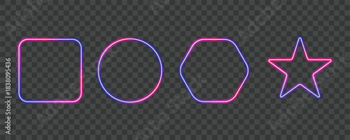 Set of four glowing neon frame vector shapes in vibrant pink and blue colors