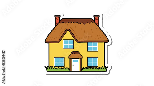 Charming Yellow Cottage with Thatched Roof and Brick Chimneys Adorned with Green Grass and Blue Sky Windows on a Transparent Background