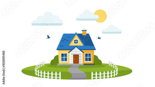 Charming Yellow House with Blue Roof and White Picket Fence on a Sunny Day with Fluffy Clouds and Birds Flying Overhead