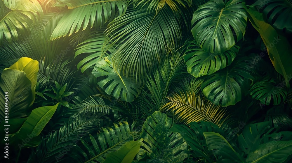 Fototapeta premium Lush green tropical foliage with varied leaf shapes and sizes
