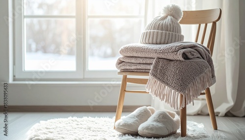 ナチュラルなニットのマフラー、ブランケットと手袋