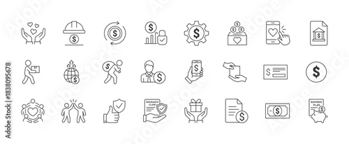 Financial Services & Charity Support Icon Set, Donation Giving Symbols, Money Management, Mobile Banking, Insurance Protection, Rewards, Community Support and Savings Concept icon, vector illustration