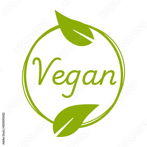 Vegan Plant Based Green Round Circle Badge Sticker Stamp Info Label Sign Icon for Product and Package with Leaf Symbol. Vector Image.