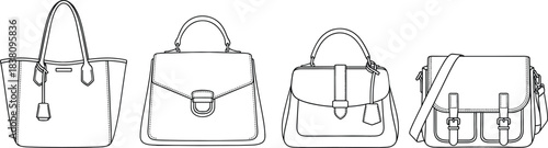Stylish women handbag outline set with tote and crossbody designs, modern fashion accessory vector illustration