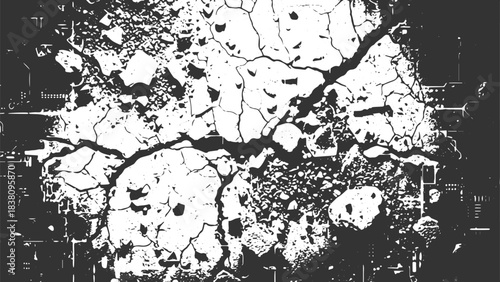 Abstract grunge distressed texture with cracked surface elements and dark gray details overlay on transparent background for edgy graphic design