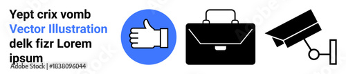Business tools, work agreement, security, monitoring, approval, professional services. Blue thumbs up icon, black briefcase and security camera on a white background. Business tools and security